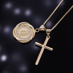 18 K Gold Plated Cross Virgin Of Guadalupe Pendant Necklace